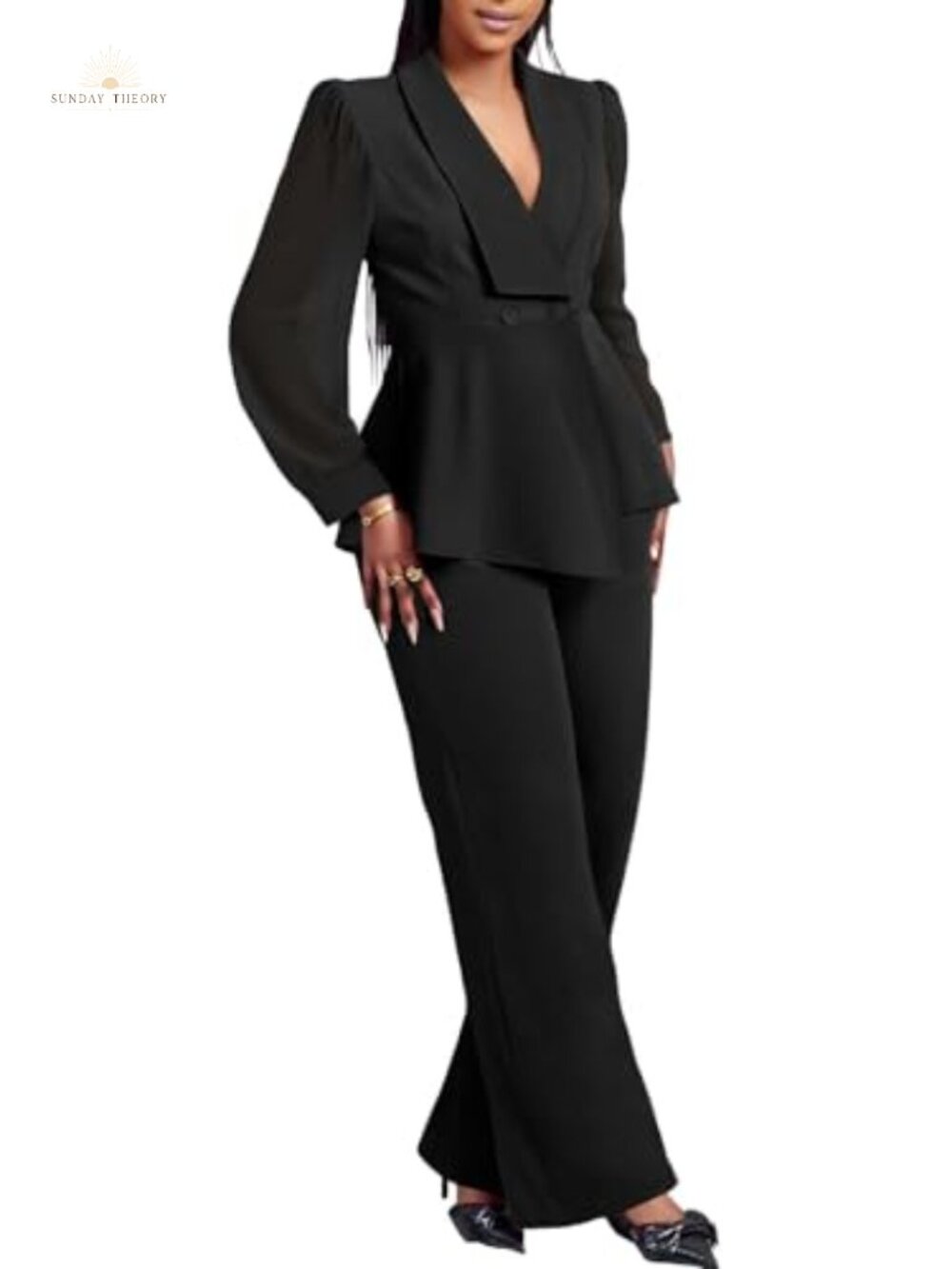 Women's 2 Piece Pantsuit Set Mesh Sheer Sleeve Ruffle Blazer Wide Leg Pants